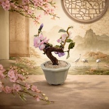 Jade And Glass Bonsai Tree Pink And Purple Flowers Decor