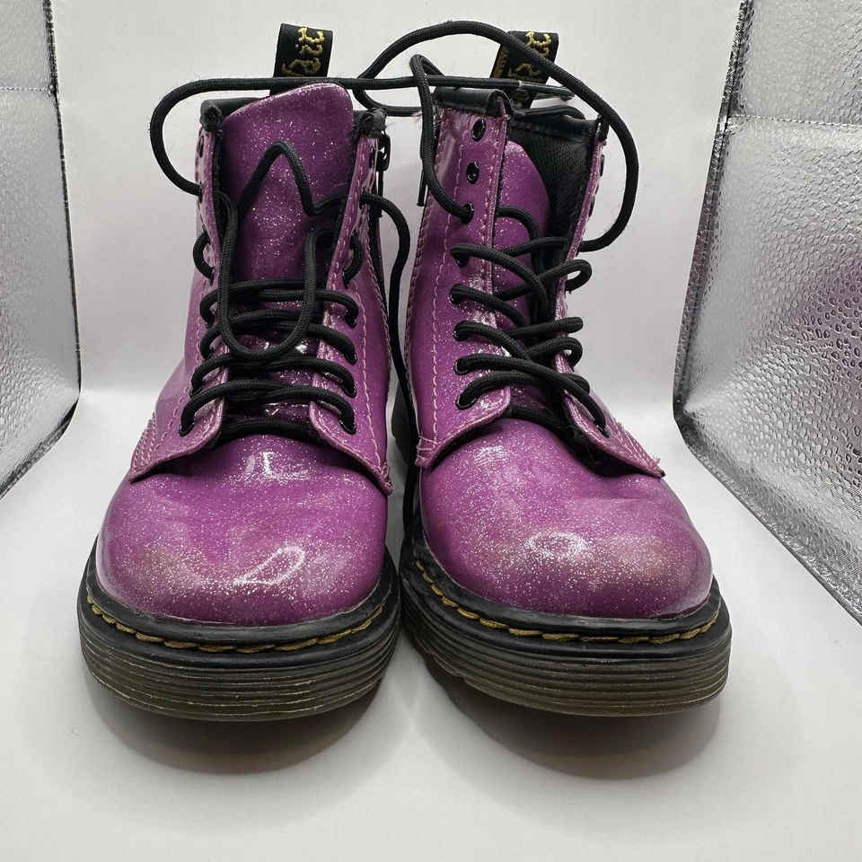 Botas Dr. Martens Niños Talla 10 Rosa Brillo T Cremallera Lateral Encaje Combat Docs 1460 Foto 3 de 4