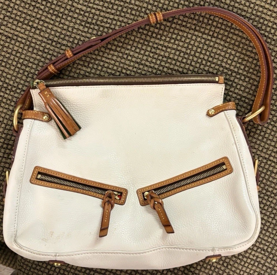 Dooney Bourke White Brown Pebbled & Florentine Leather Medium Zip Hobo Bag - Image 3 of 4