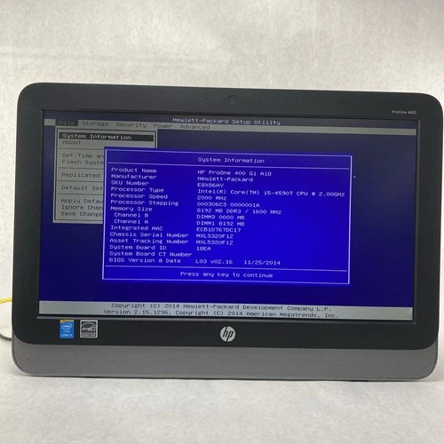 HP ProOne 400 G1 AIO 19.5" Quad Core i5-4590T 2.0 GHz 1x8GB Ram No AC HDD OS
