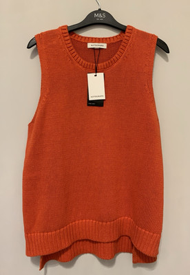 M&S Autograph Pure Linen Knitted Top Sleeveless Jumper T Shirt Size 16 Orange