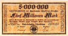 1923 Germany REICHSBAHN  5.000.000 / 5 Million Mark Banknote