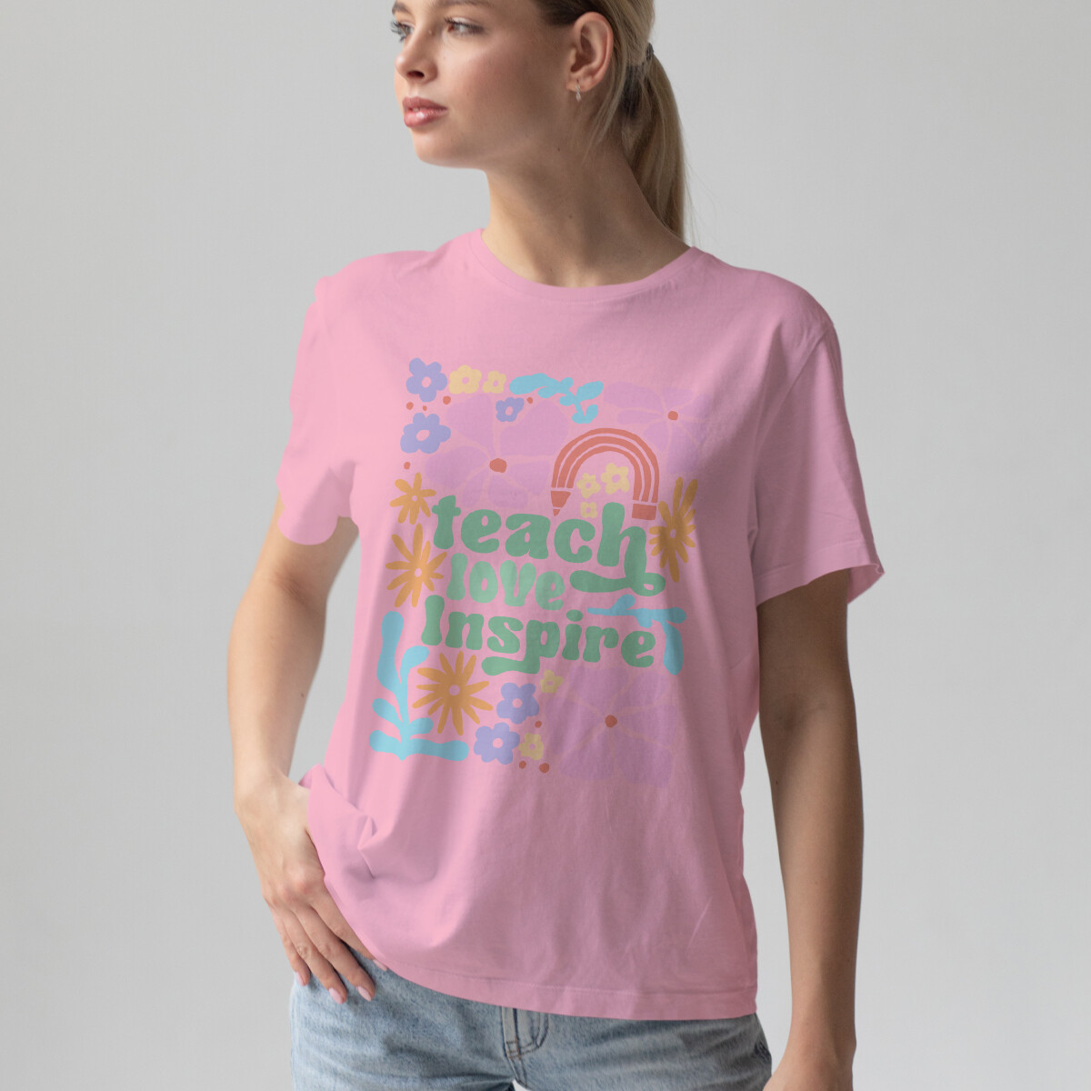 Teacher Shirt For Women - 'Teach' Rainbow Leopard Graphic Tee, Inspirational Gift T-Shirt (Pink, Small) - View #5