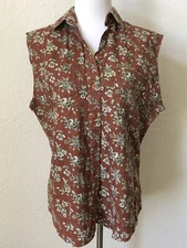 Vintage Gitano Buttoned Tank Top Shirt Brown Country Floral Linen Blend Sz Small