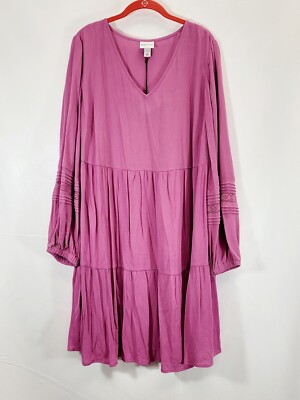 NWT Ava & Viv 1X Long Sleeve Tiered Rose Pink Dress Boho Babydoll 