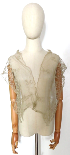 Antique Victorian 1800s 1900s Beige Ecru Netting Floral Embroidered Lace Panel