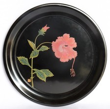 Japanese Lacquer Tray Obon Plate Wood Ryukyu Hibiscus Black 26.7cm 10.51" Vtg