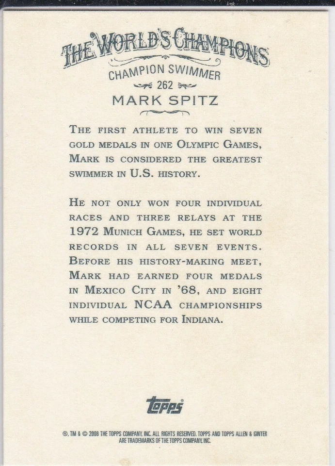 MARK SPITZ 2008 Topps Allen & Ginter's TEAM USA OLYMPICS SWIMMER Card 7 GOLDS! - Image 2 of 2