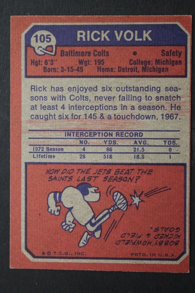 Rick Volk Baltimore Colts Signed 1973 Topps #105 Autographed Card MICHIGAN - Image 2 of 4