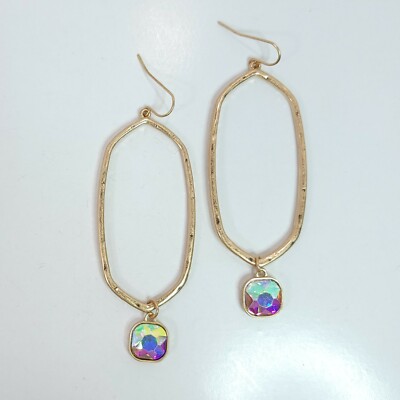 E0840 Gold Tone Metal Oval Shape with AB Rhinestones Drop Dangle Earrings