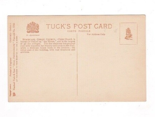 VINTAGE TUCKS POSTCARD OXFORD COLLEGE CHRIST CHURCH STAIRCASE PRINTED ENGLAND - Picture 2 of 2
