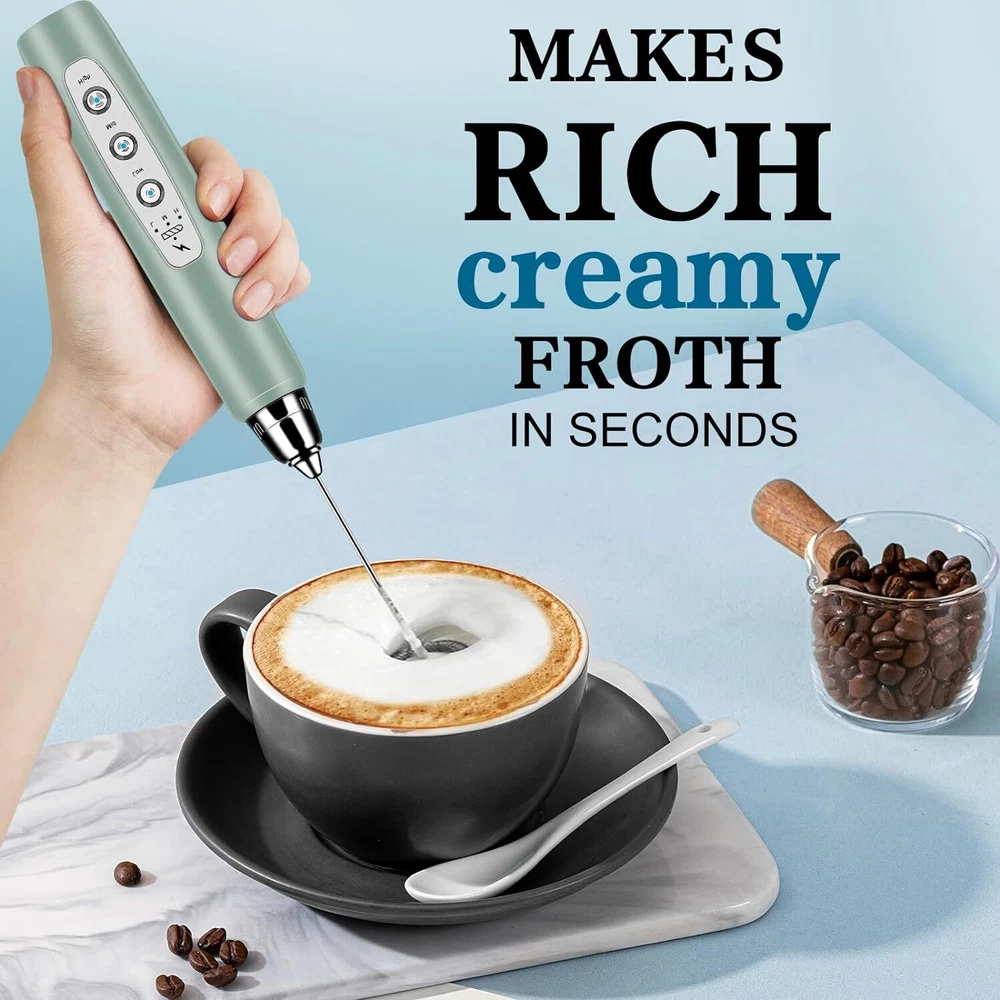 Milk Frother Handheld for Coffee, Electric Whisk 3 Speed Morandi Green