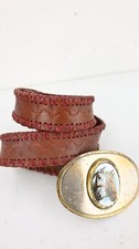 Vintage tooled leather belt in burgandy with brass enamel horse buckle size 36