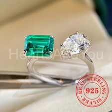 4ct Pear Cut Simulated Diamond Green Emerald Two Stone Ring 9K White Gold Plated