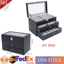 24 Slots Watch Box Leather Display Case Organizer Glass Jewelry Storage Men NEW