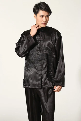 Mens Chinese Kung Fu Silk Suit Pajamas Black White Blue Red Size M- 2XL NEW - Picture 10 of 16