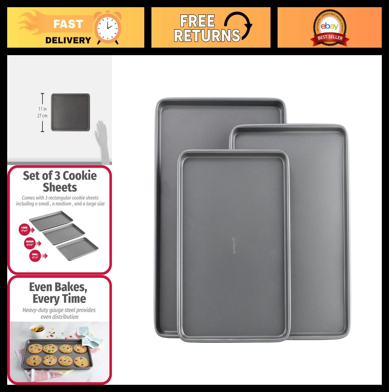 Nonstick Carbon Steel Baking Sheet Set - 3 Pack, Cookie Sheets for Baking, Kitch