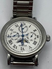 Sewills Moon Phase Stainless Steel Watch New Battery - Collectors Item Rare Find