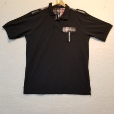 GUB Polo Shirt Mens 2XL Black Plaid Trim Epaulet Cotton Short Sleeve