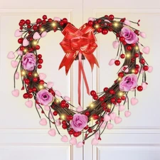 DR.DUDU 13 Valentines Wreaths for Front Door, Lighted Heart Shaped Wreath Red