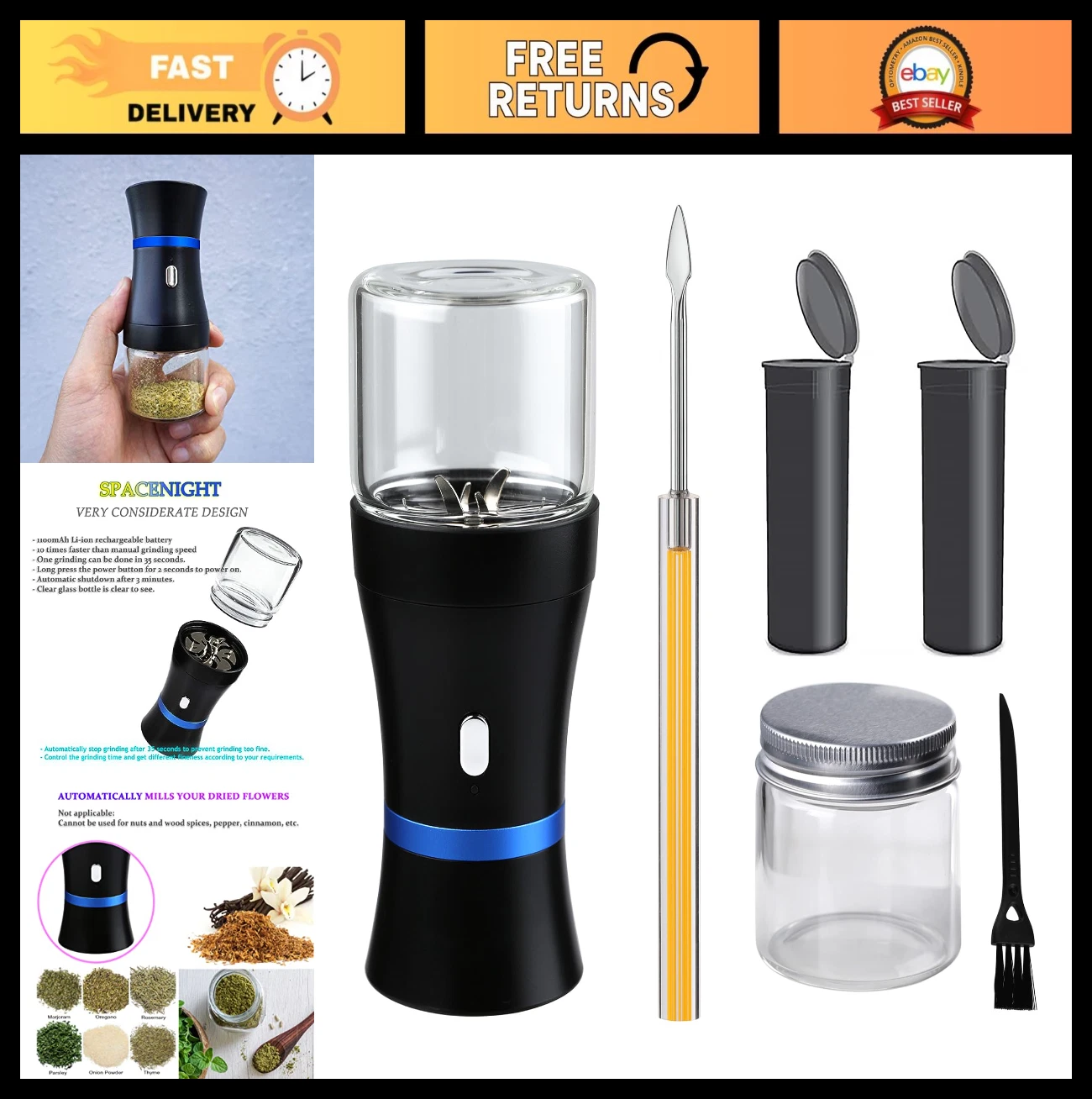 Compact Electric Herb Grinder - USB Rechargeable, 2 Glass Chambers, Ideal for Tr
