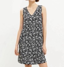 LOFT Swing Flounce Dress Black White Floral Linen Blend Double V Neck Sz XXL
