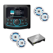 Kenwood KMR-XM500 XM302-4 Amp and 2 Pr XM77WL 7.7" Marine Speaker Bundle