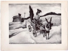 Lonely Road Donkey Cart Black Art by Thomas Benton Vintage Graphic Art Print