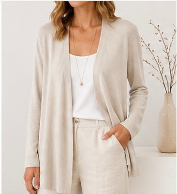 Eileen Fisher Bone Silk/Organic Cotton Interlock Angled Front Cardigan Size L