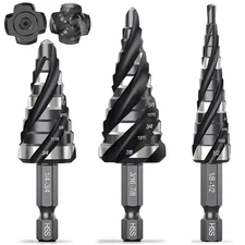 THINKWORK Four Spiral Flute Step Drill Bit Set, 3 Pcs HSS Step Drill Bits (1/8"-