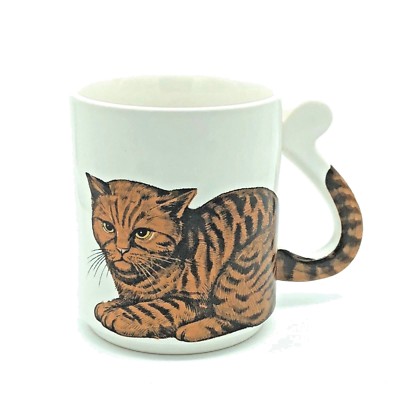 Orange Tabby Tiger Stripe Cat Flat Tail Handle Ceramic Coffee Tea Mug Japan