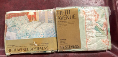 VTG Twin Floral Lace Sheet Set FIFTH AVENUE BY STEVENS Flat & Fitted