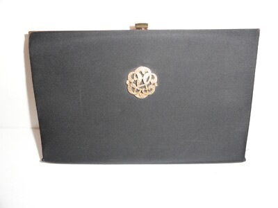 Vintage Black Fabric Clutch Purse Medium Evening Bag 9x6 Brass Snap Mirror Comb