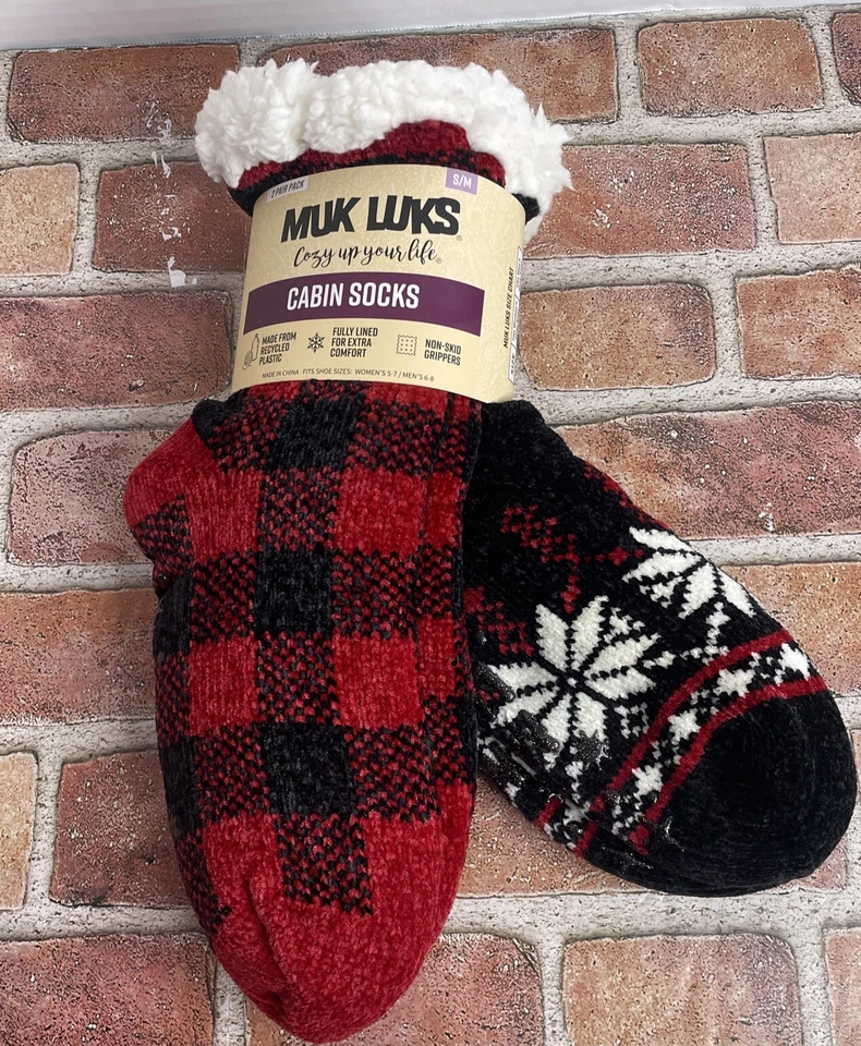 Calcetines de cabina MUK LUKS 2pk rojo-negro a cuadros y escamas negro-blanco, con empuñaduras antideslizantes Foto 2 de 4