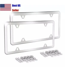 2Pcs Chrome Stainless Steel Metal License Plate Frame Tag Cover With Screw Caps