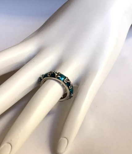 Aqua Blue Enamel Ring Size 5 Nautical Band Rope Silver Rhodium Plated Stackable - Picture 4 of 8