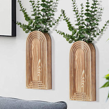 2 Pack Wooden Wall Vase Set - Brown Finish Modern Farmhouse Boho Wall Decor fo