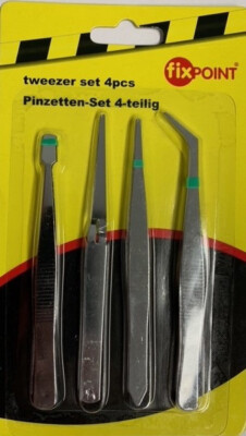Pinzetten Fixpoint  Set 4-teilig 2x Spitzpinzette Flachpinzette Kreuzpinzette