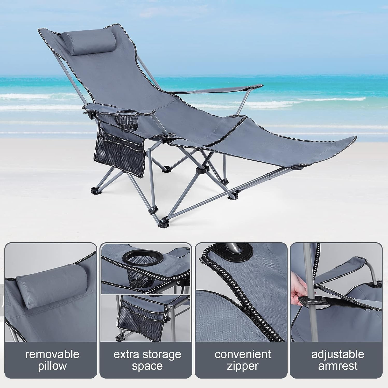 Portable Folding Beach Chair with Foot Rest for Adults Heavy Duty, Outdoor Recli