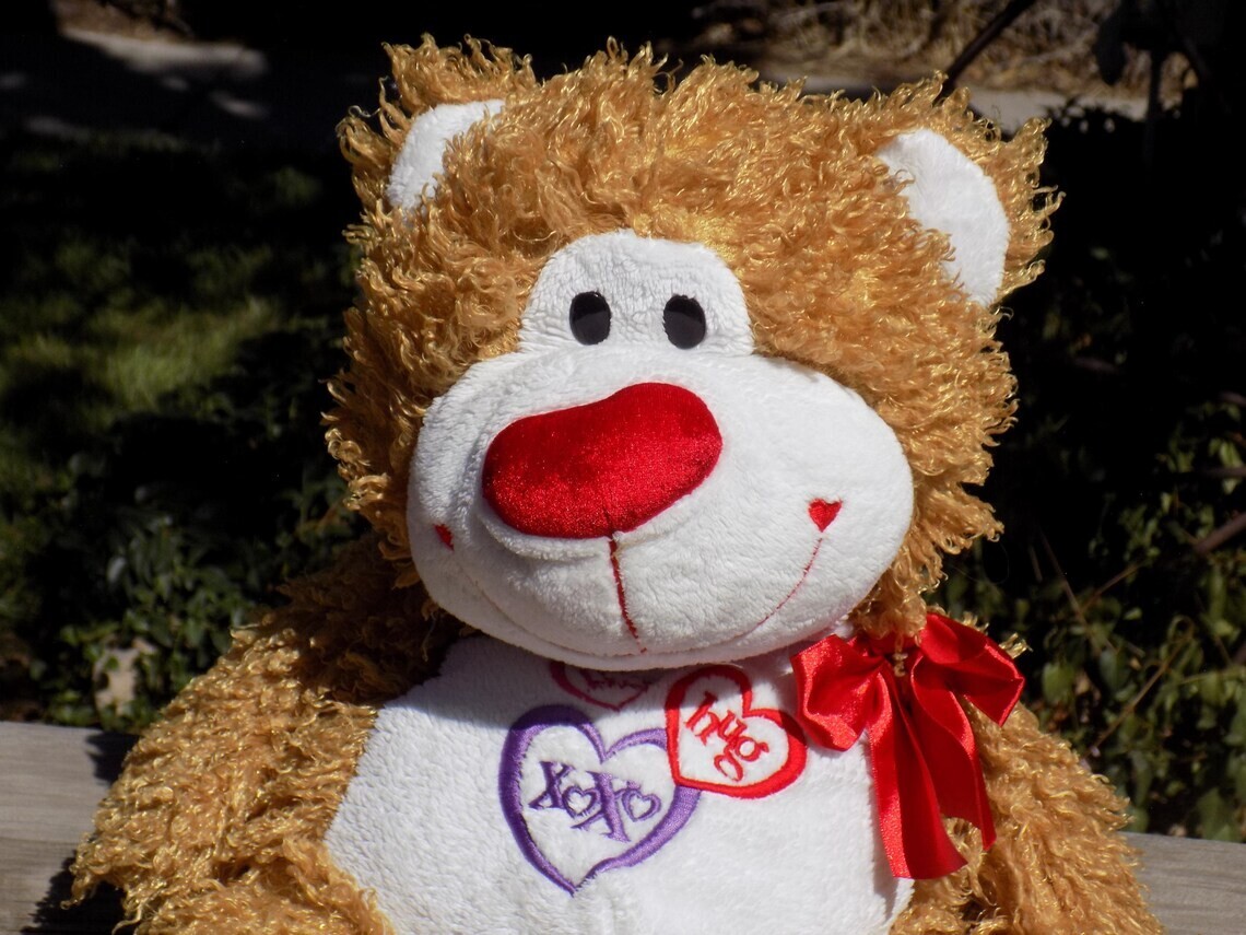 Valentine Teddy Bear Plush with Red Bow and Hearts in Brown White