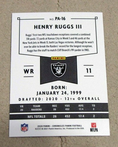 2020 Panini Chronicles Silver #PA-16 Henry Ruggs III RC Rookie Las Vegas Raiders - Picture 2 of 2