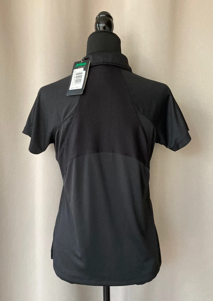 Camisa PRINCE TENNIS TOP preta tecido elástico colarinho feminino M - Imagem 2 de 4