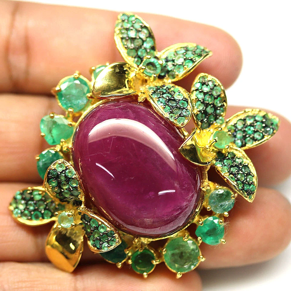 925 Sterling Silver Red Ruby & Green Emerald Two Tone Brooch/Pendant - Image 2 of 4