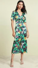 SALONI Green Floral Botanical Print EDEN Satin Silk Hi-Slit Midi Dress 10US 14UK