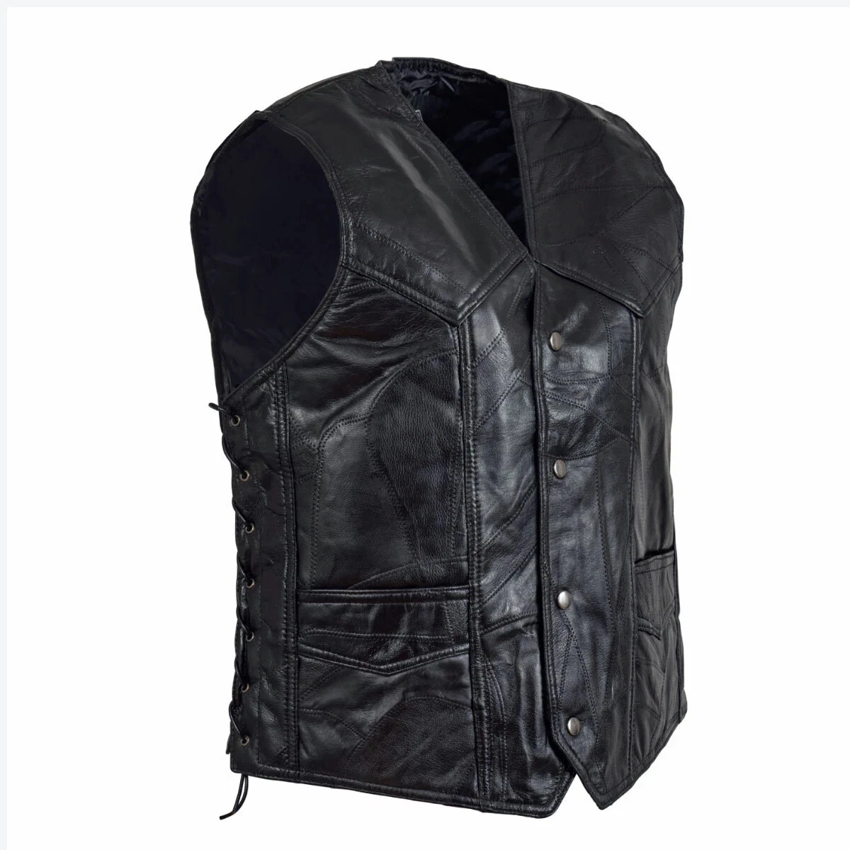 Men's Genuine Leather Black Motorcycle Vest W/ Adjustable Side Laces Lined