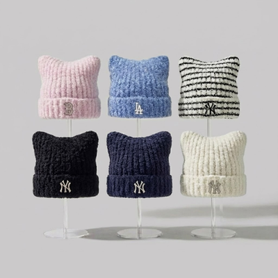 MLB Korea Plush Meow Beanie NY Yankees Black Cat Ear Hat Fuzzy