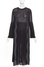 CHANEL black silver glitter CC resin button plisse sheer wave midi dress FR38 M