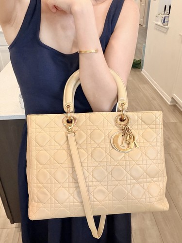 Auth DIOR Large Lady Dior Biege Bag w/ Original Strap in Cannage Leather