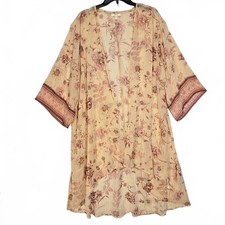 Women's Sheer Flowy Peach Color Floral Duster Kimono Hippie Boho Fairycore Flowy