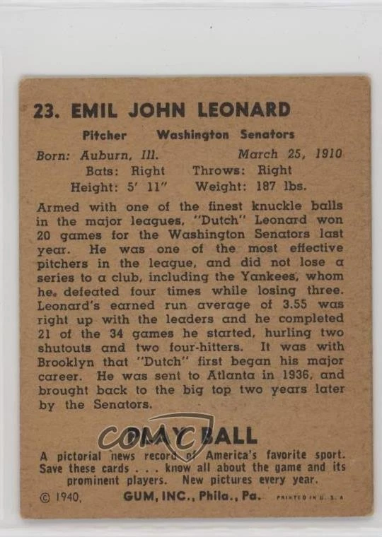 1940 Play Ball Dutch Leonard #23 - Image 2 of 2